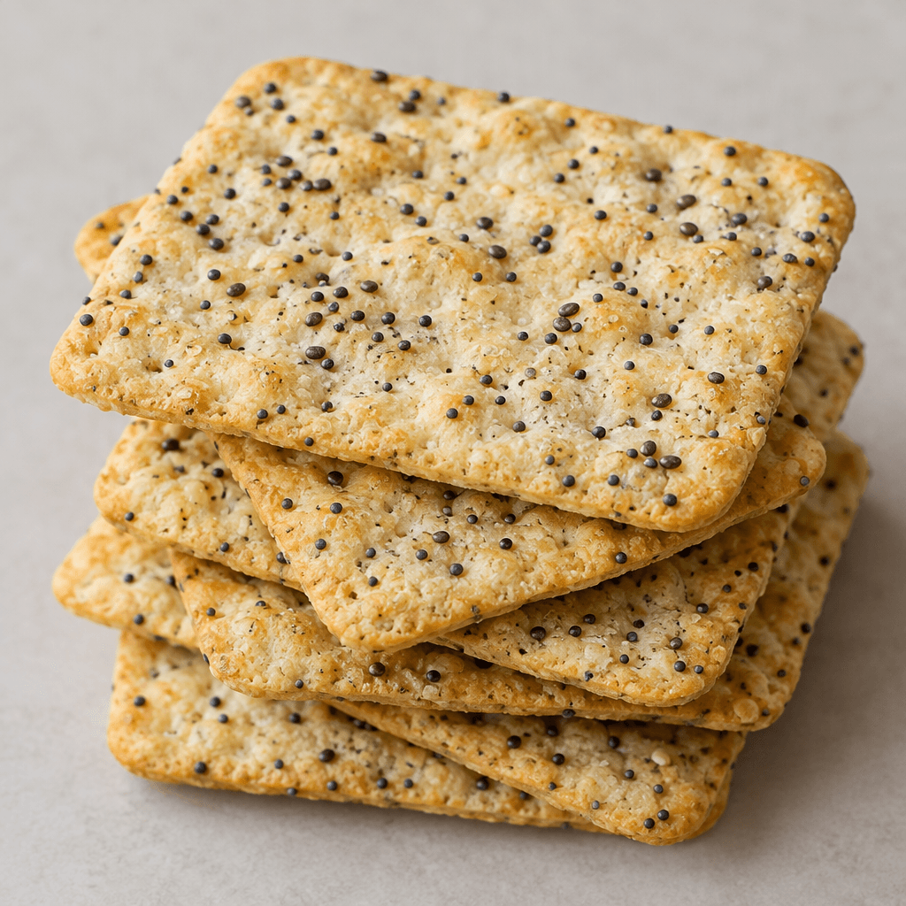Thin, pale golden rectangular crackers with rounded corners, a lightly bubbled surface, and scattered black chia and poppy seeds.
