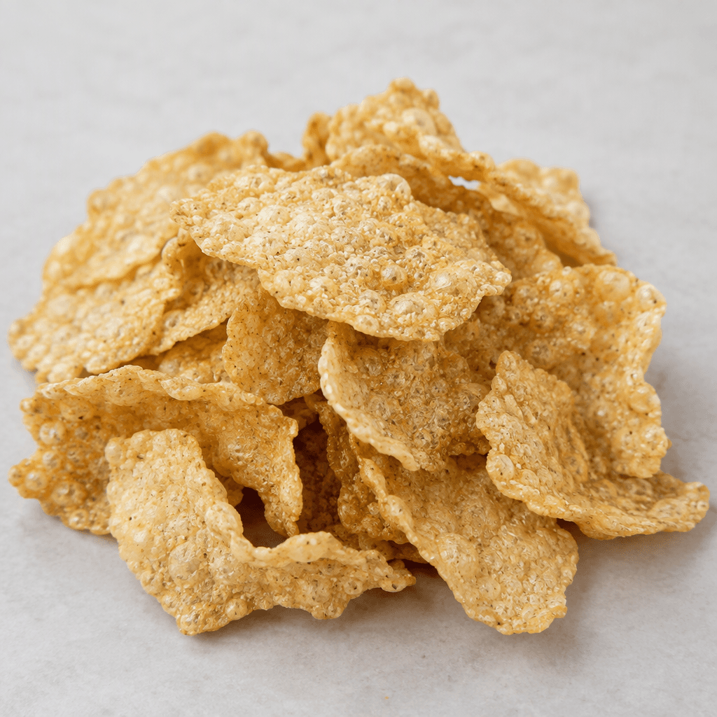 Small, thin, irregularly shaped golden-beige grain crisps with a lightly bubbled, rough surface, arranged in a loose pile.