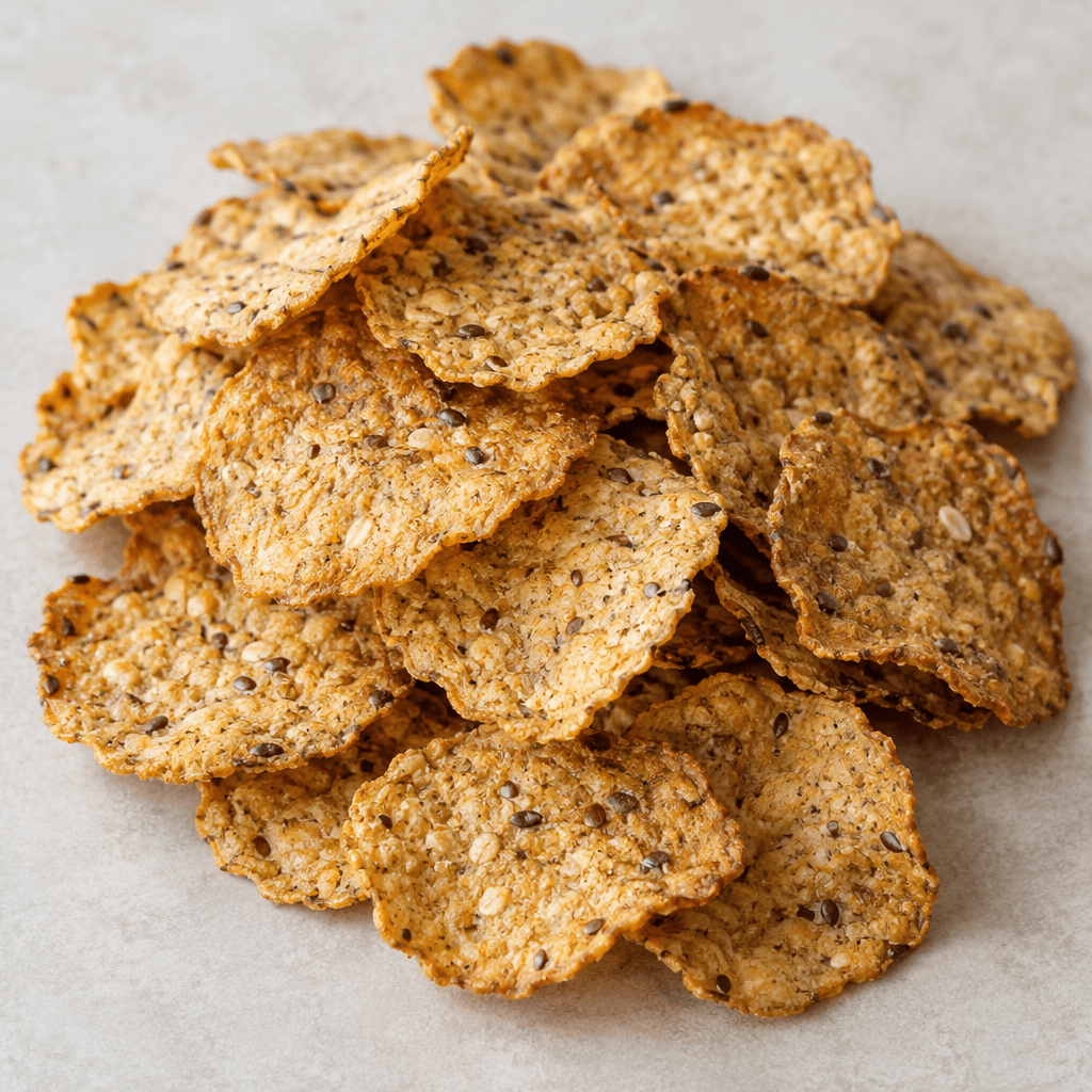 Thin, crisp golden-brown grain chips with uneven edges and small darker grain flecks are scattered in a loose pile.