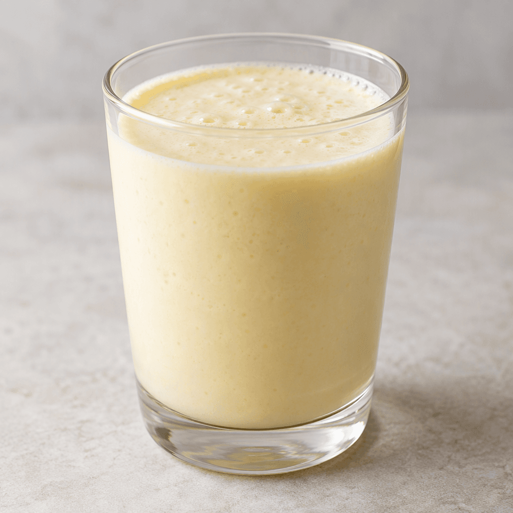 A smooth, pourable kefir drink with a creamy pale-yellow color, served in a clear glass.