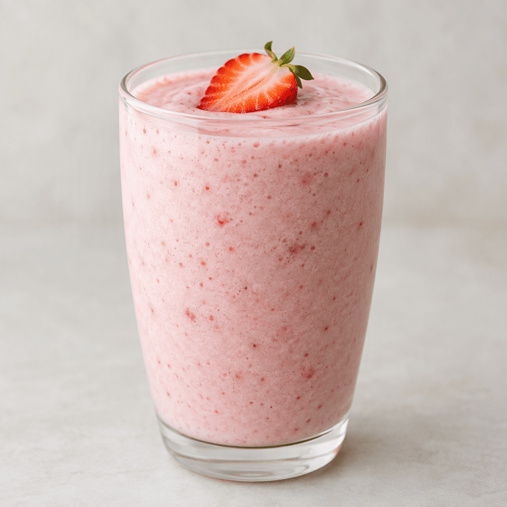 A pale pink, smooth and creamy drink with tiny red strawberry flecks, served in a clear glass.