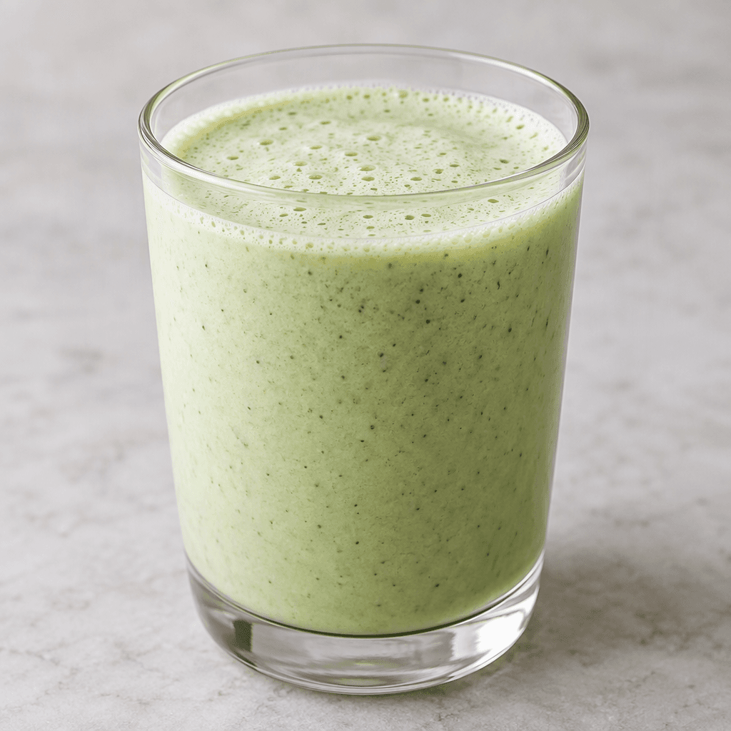 A pale green, opaque kefir drink with a smooth, pourable texture and a light frothy surface, served in a clear glass.
