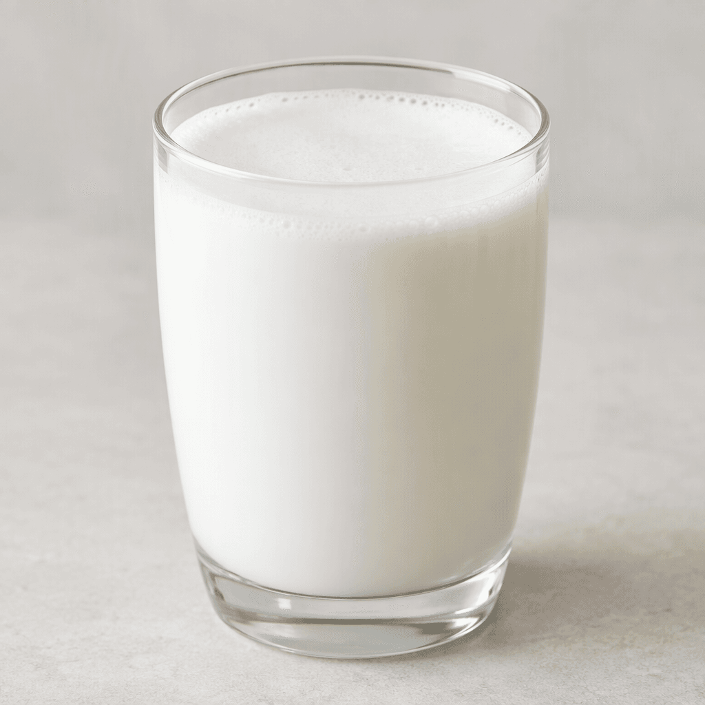 A pale white, smooth dairy drink fills a clear glass, with a thin layer of fine foam on its surface.