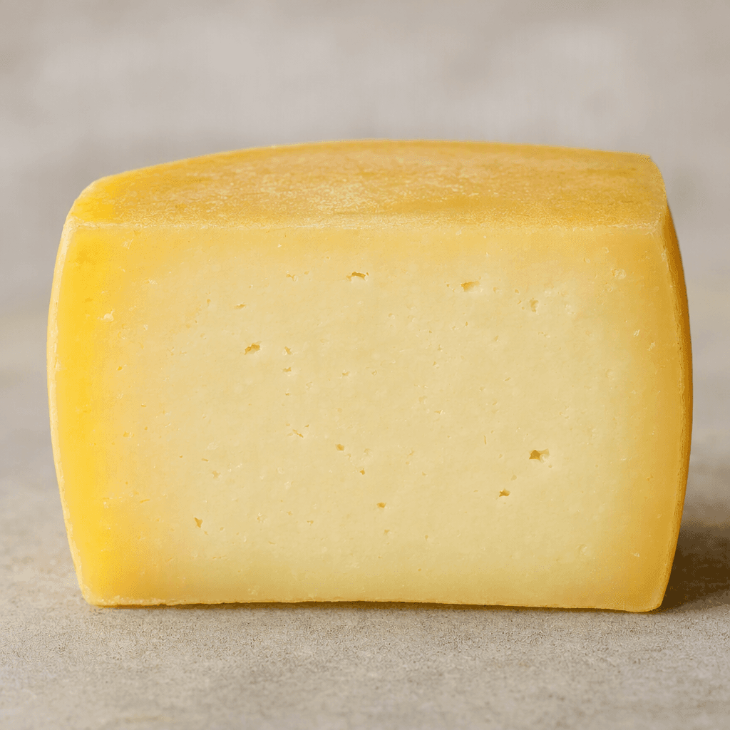 A compact block of pale straw-yellow semi-hard cheese with a smooth, dense cut face and a slightly darker golden outer edge.