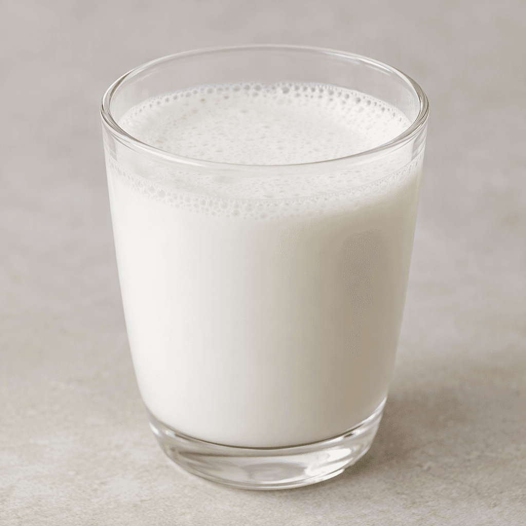 An opaque, creamy-white drink with a light layer of fine bubbles sits in a clear glass.
