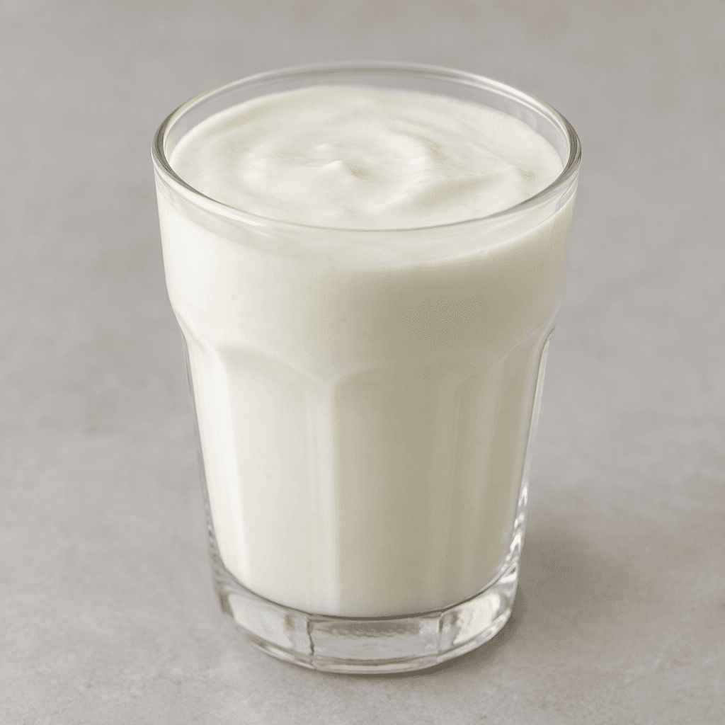 A smooth, opaque white dairy drink with a slightly thick, creamy consistency, served in a clear glass.