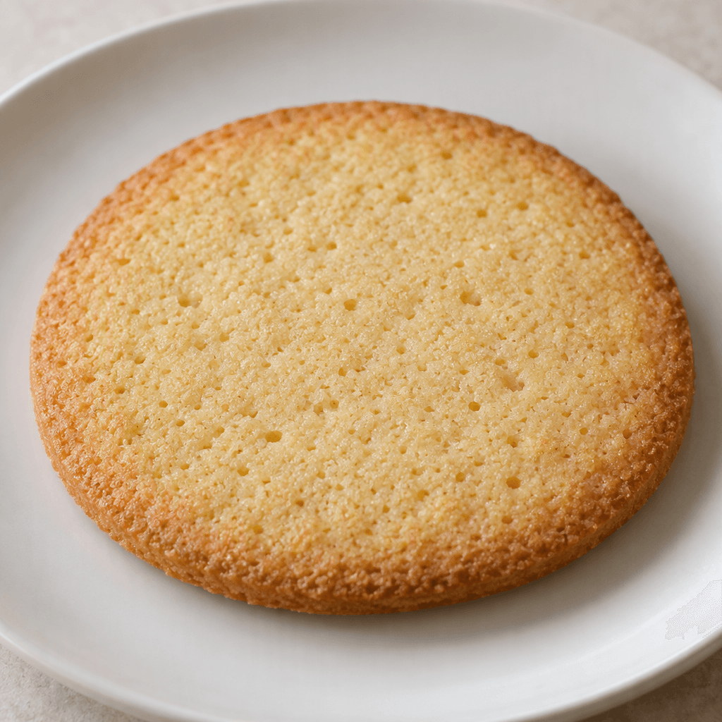 A thin, pale golden biscuit with a lightly browned, finely porous surface and a simple, evenly shaped outline, shown on a plain plate.