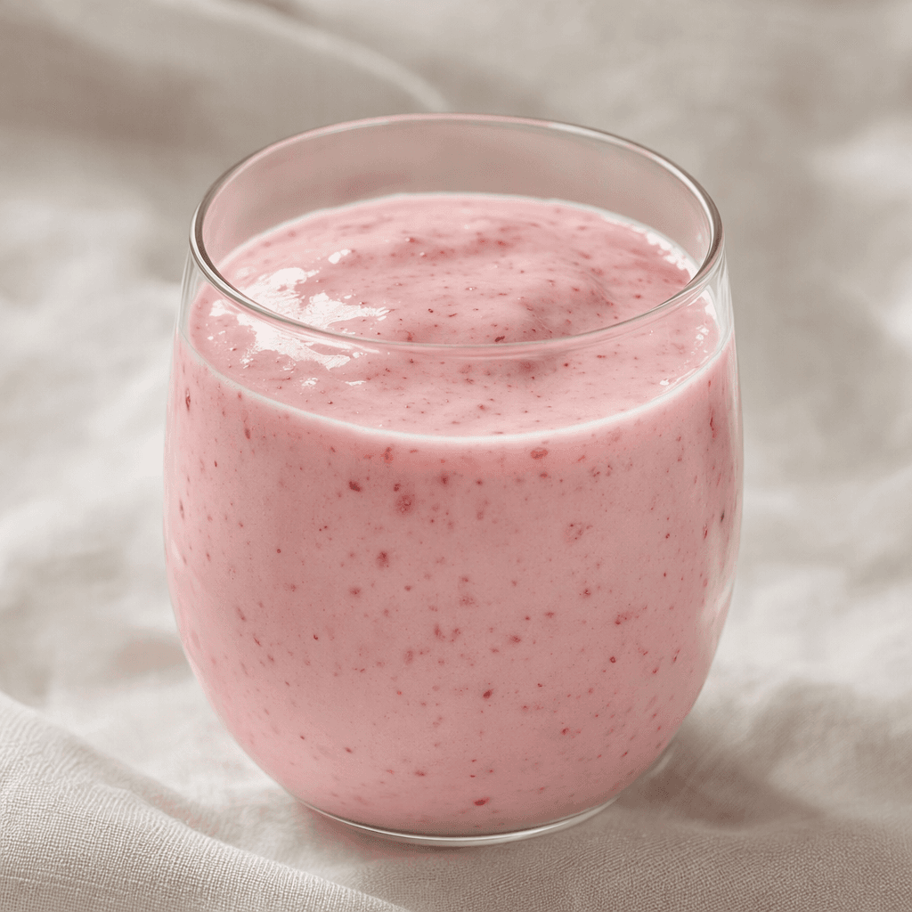 A smooth, pourable kefir drink in a light pink shade, with tiny red fruit flecks.