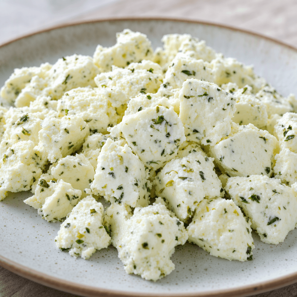 Soft, crumbly white cheese flecked with finely chopped green herbs is arranged in uneven pieces on a plate.