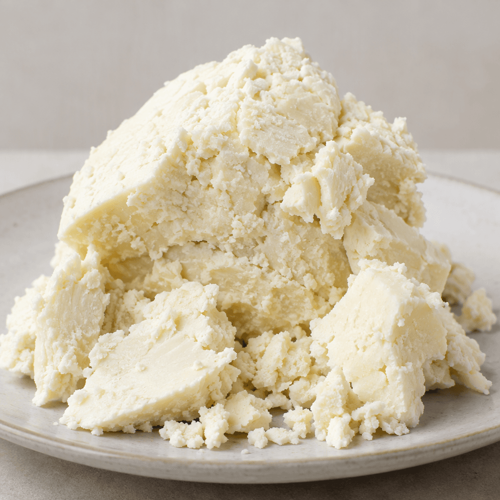 A mound of pale ivory tulum cheese with a moist, fine-grained, crumbly texture and uneven broken edges sits on a plate.
