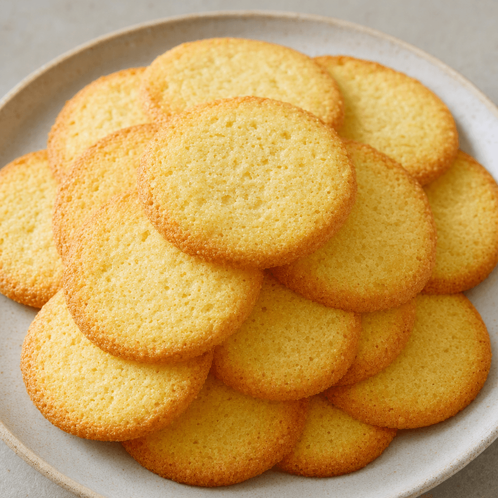 Thin, pale golden-brown biscuits with a dry, finely porous surface and lightly browned edges are stacked in a small pile.