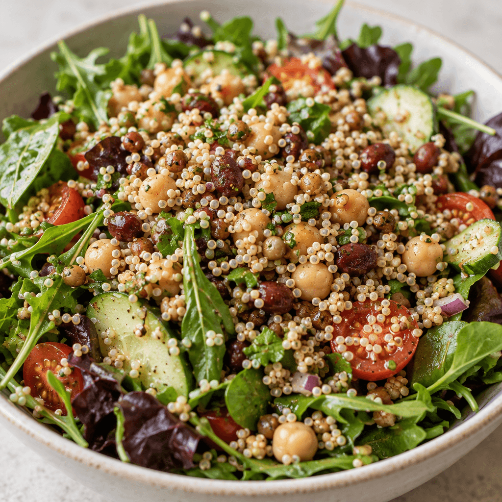 A loose salad topping of tiny, round amaranth grains mixed with small, irregular legume pieces, in muted cream, tan, and reddish-brown tones, scattered over the salad.