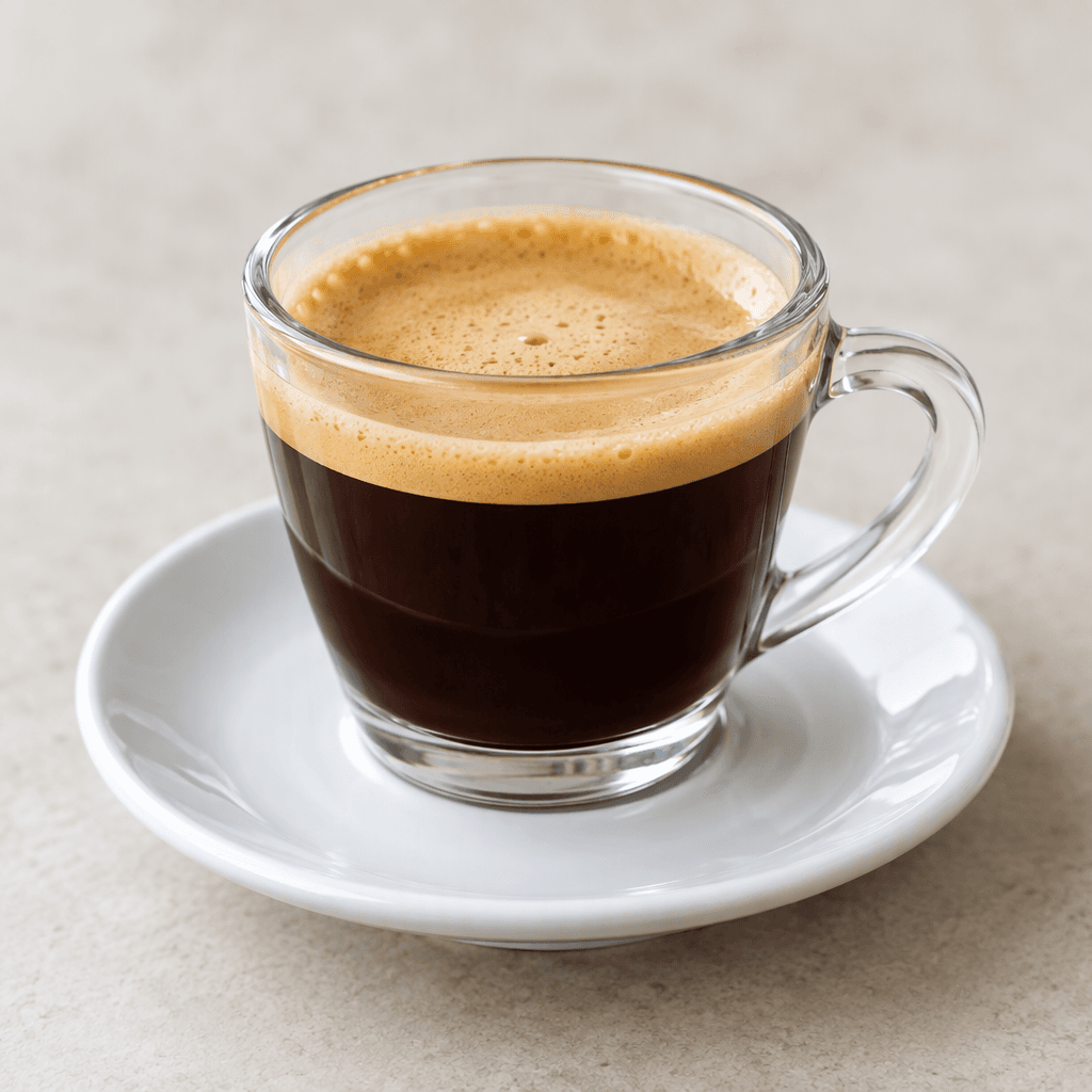 A small transparent cup filled with dark brown coffee, topped with a thin layer of pale tan crema-like foam, and served on a simple saucer.