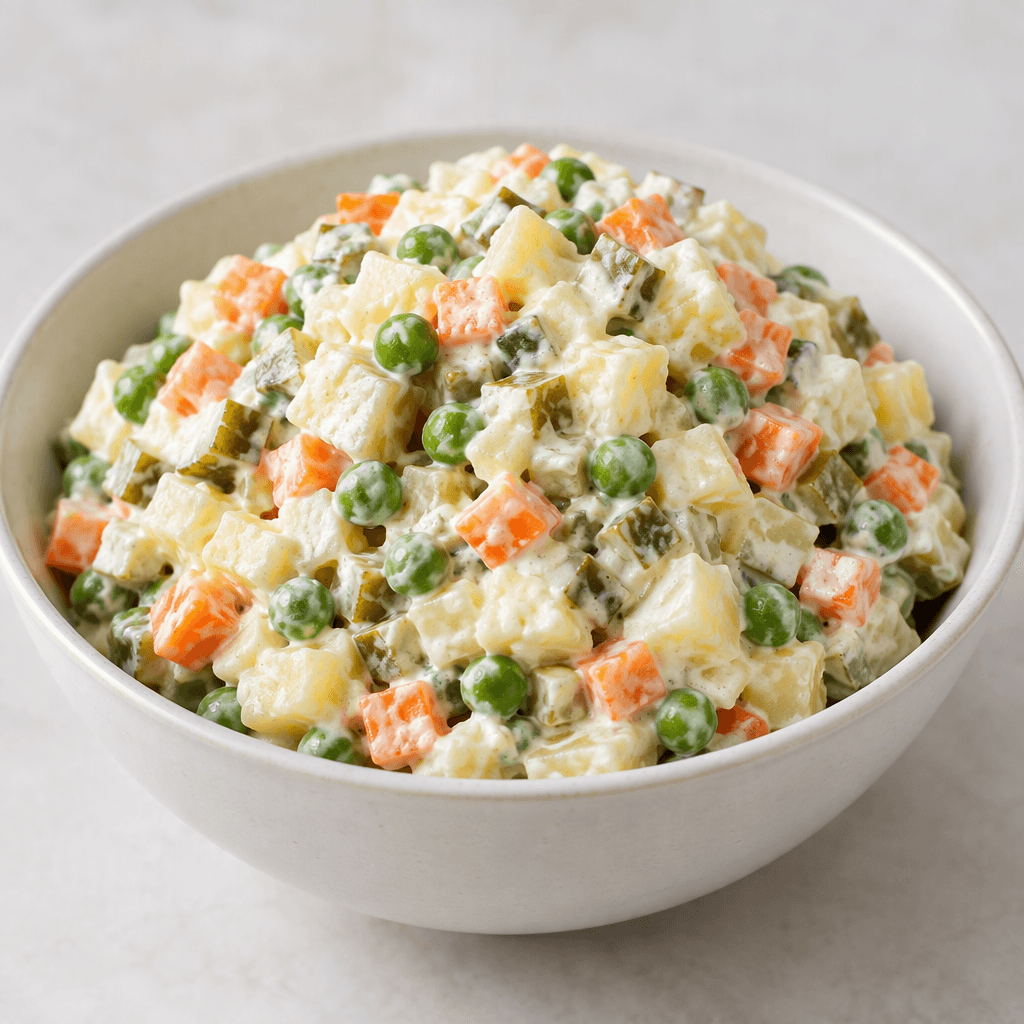 A mound of small, evenly diced pale potatoes, orange carrots and green peas mixed with tiny green pickle pieces in a thick white creamy dressing, served in a bowl.