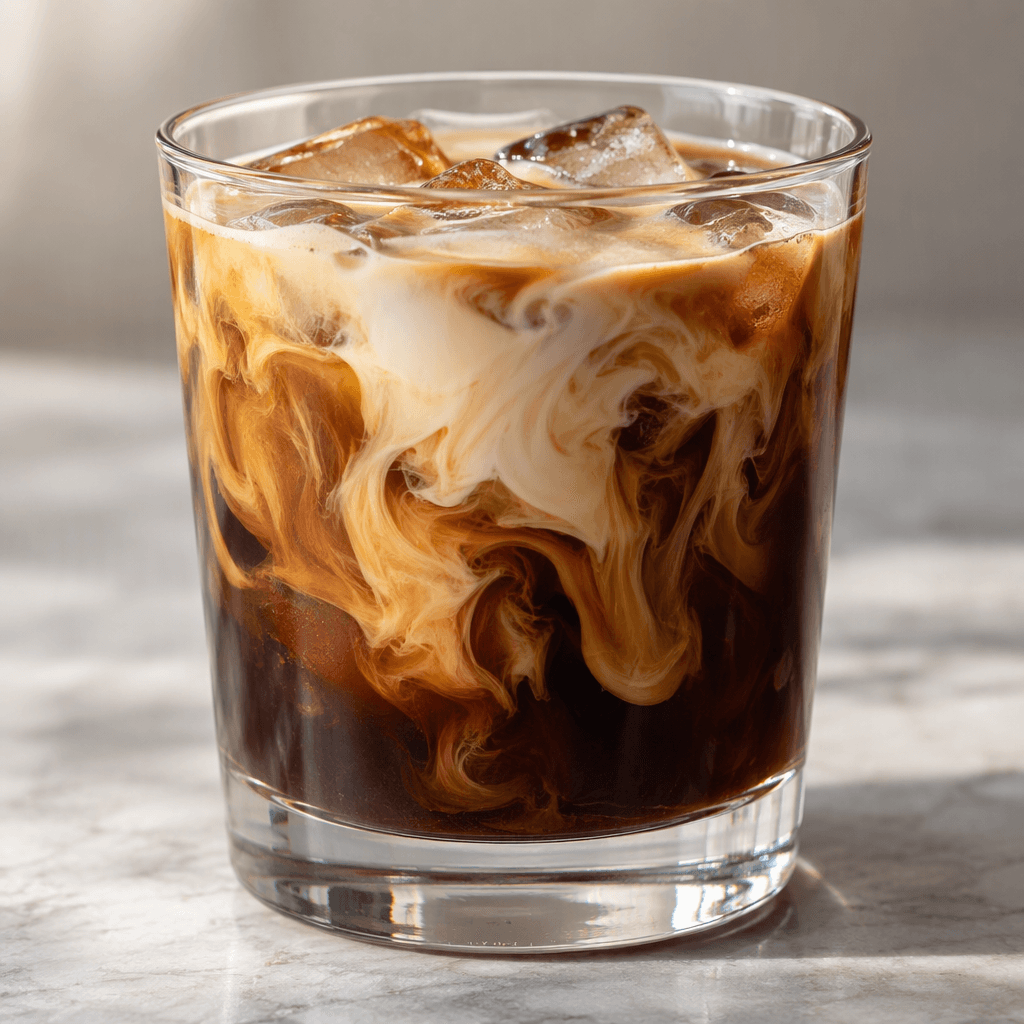 A dark brown espresso-based drink topped with pale almond milk, its creamy swirls feathering through the coffee in a clear glass cup.