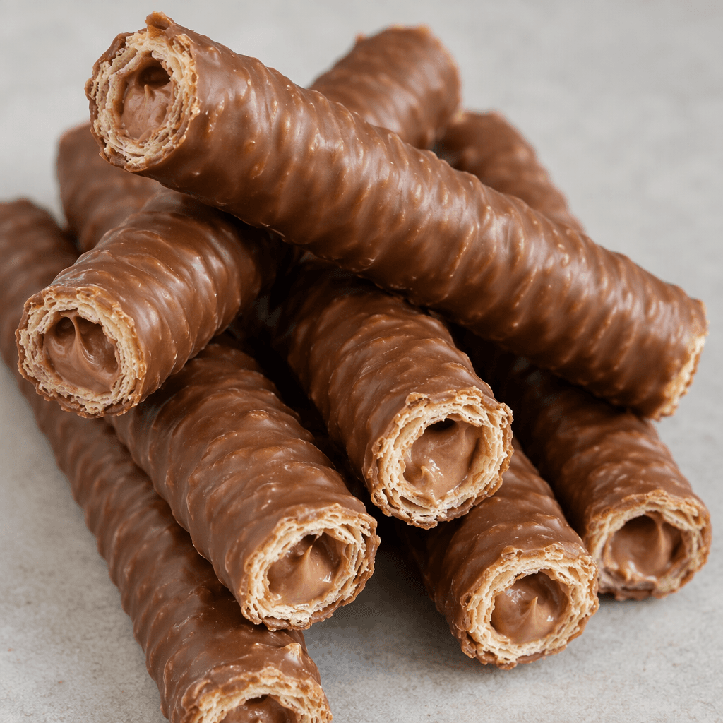 Slim, hollow cylindrical wafer rolls with a fine ridged surface, coated in smooth milk chocolate and showing pale wafer layers and light-brown hazelnut cream at the ends.
