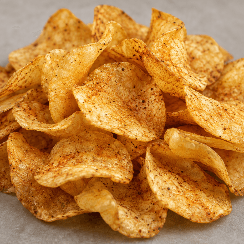 Thin, irregularly curved potato chips with a golden-yellow surface, scattered reddish-brown seasoning, and lightly curled, crisp-looking edges are piled together.