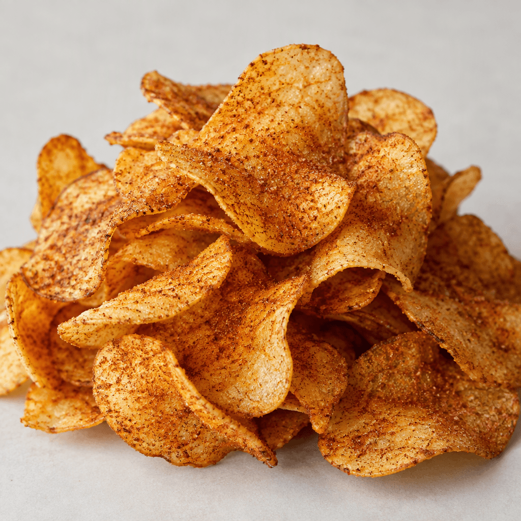 Thin, irregularly curved potato chips are piled together, their crisp surfaces dusted with reddish-brown barbecue seasoning.