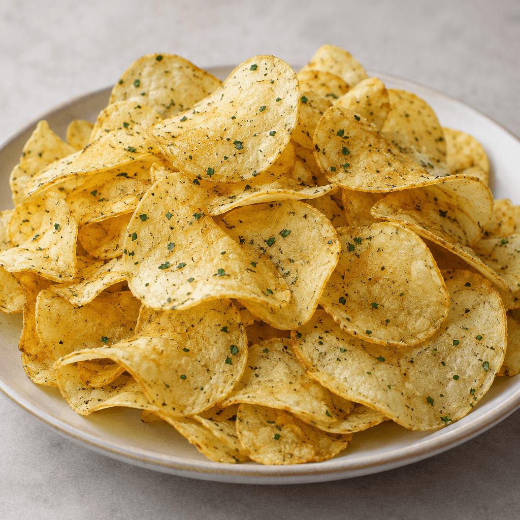 Thin, crisp, golden-yellow potato chips with scattered green herb flecks are piled loosely on a plate.