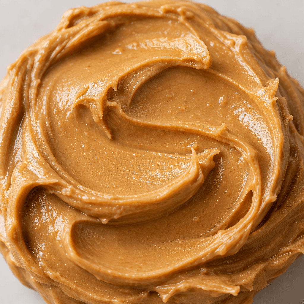 A thick, glossy tan-brown peanut spread with a smooth, creamy surface and soft ridges where it has been spread.