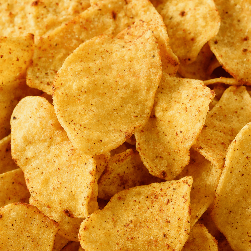 Thin, irregularly shaped chickpea chips with a pale golden surface, scattered reddish-brown seasoning specks and a lightly rough, crisp-looking texture.