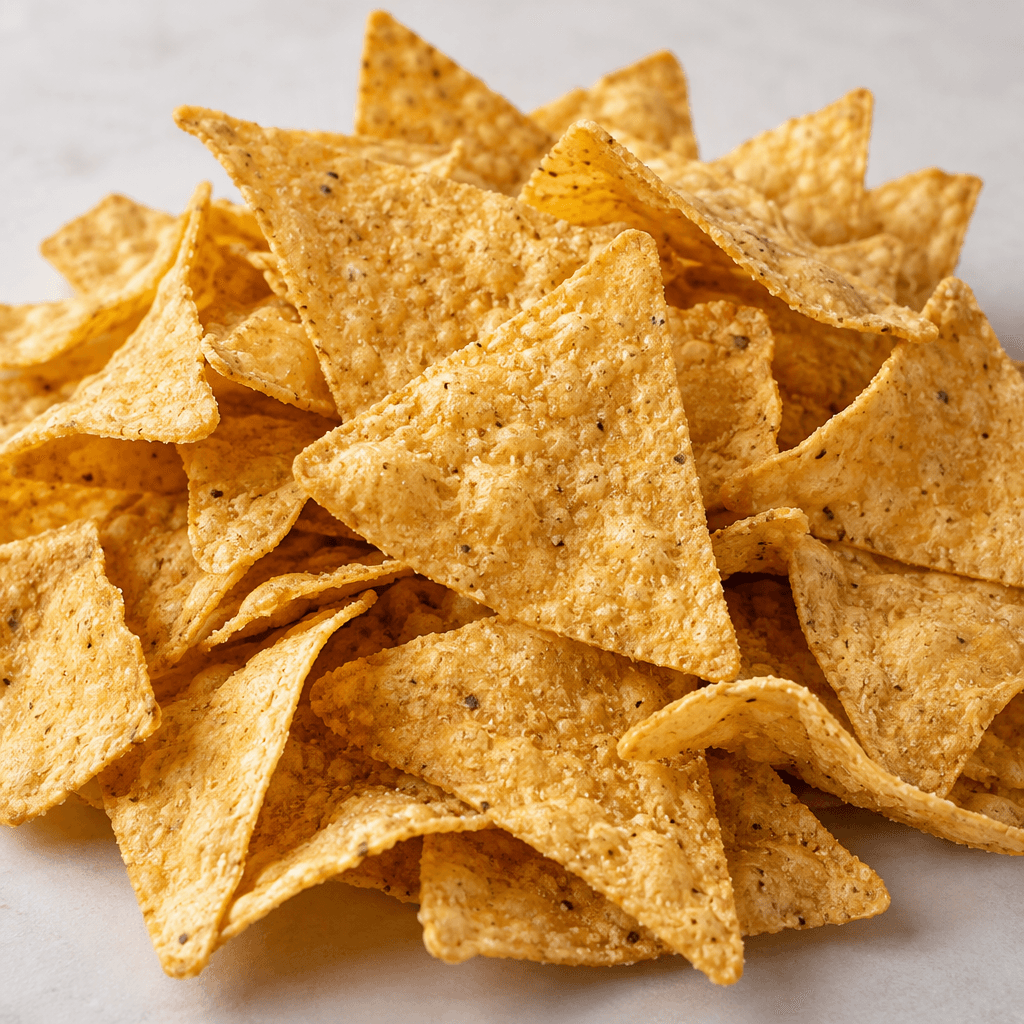Golden-yellow corn chips with a lightly bubbled, crisp-looking surface and irregular triangular shapes are piled together.