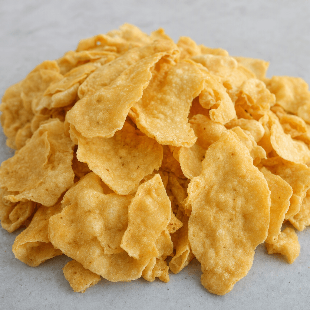 Thin, irregularly shaped chickpea chips with a pale golden-beige color and a dry, slightly bubbled, uneven surface, scattered in a small pile.