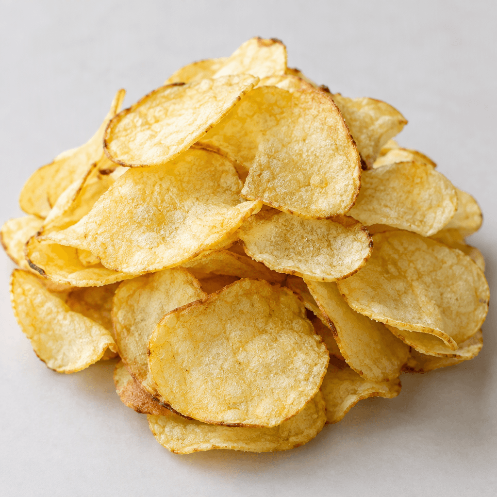 Thin, irregularly round potato chips with a pale golden-yellow color, lightly blistered surfaces, and a few browned edges are piled loosely together.