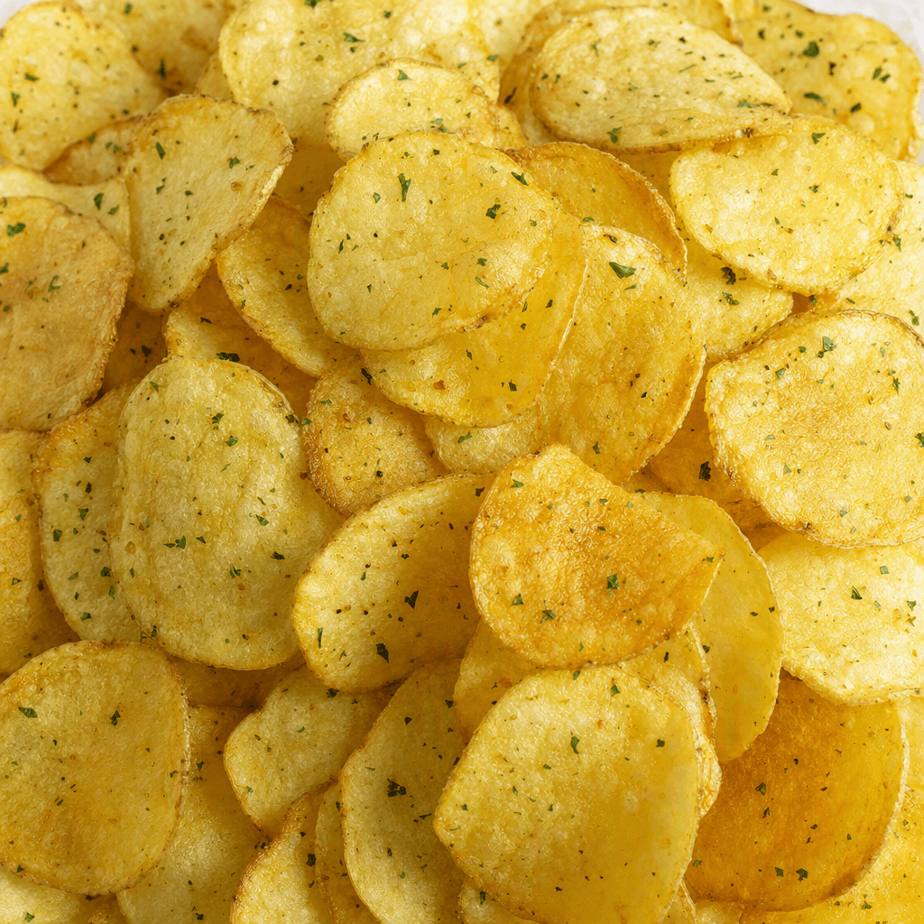 Thin, irregularly oval potato chips are piled together, their golden-yellow surfaces lightly dusted with green herb flecks.