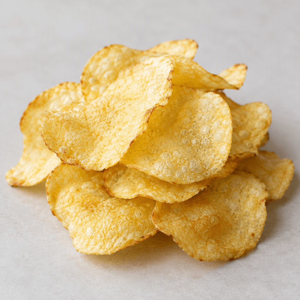 A small pile of thin, irregularly oval potato chips, pale golden yellow with lightly browned edges and a subtly bubbled, uneven surface.