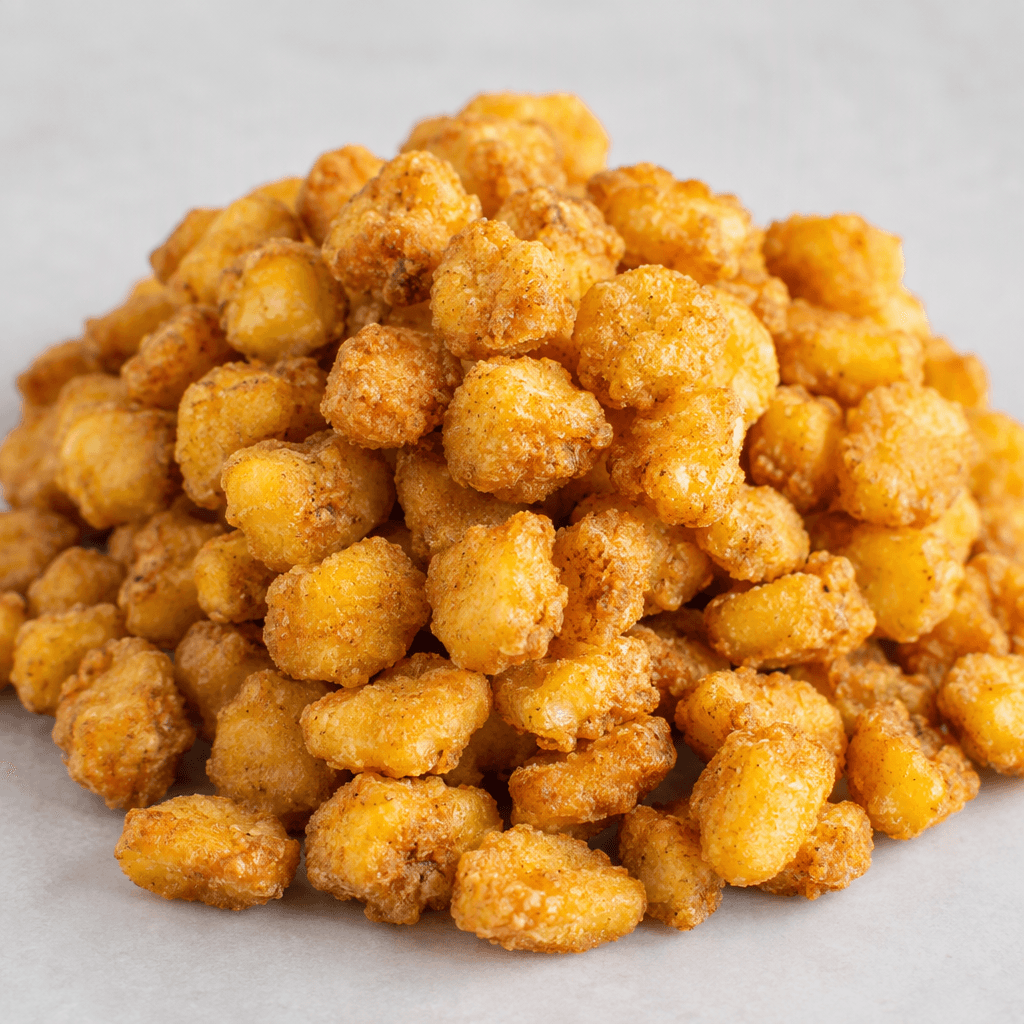 A pile of small, irregularly rounded corn pieces with a rough, crisp-looking surface and an even golden-yellow coating.