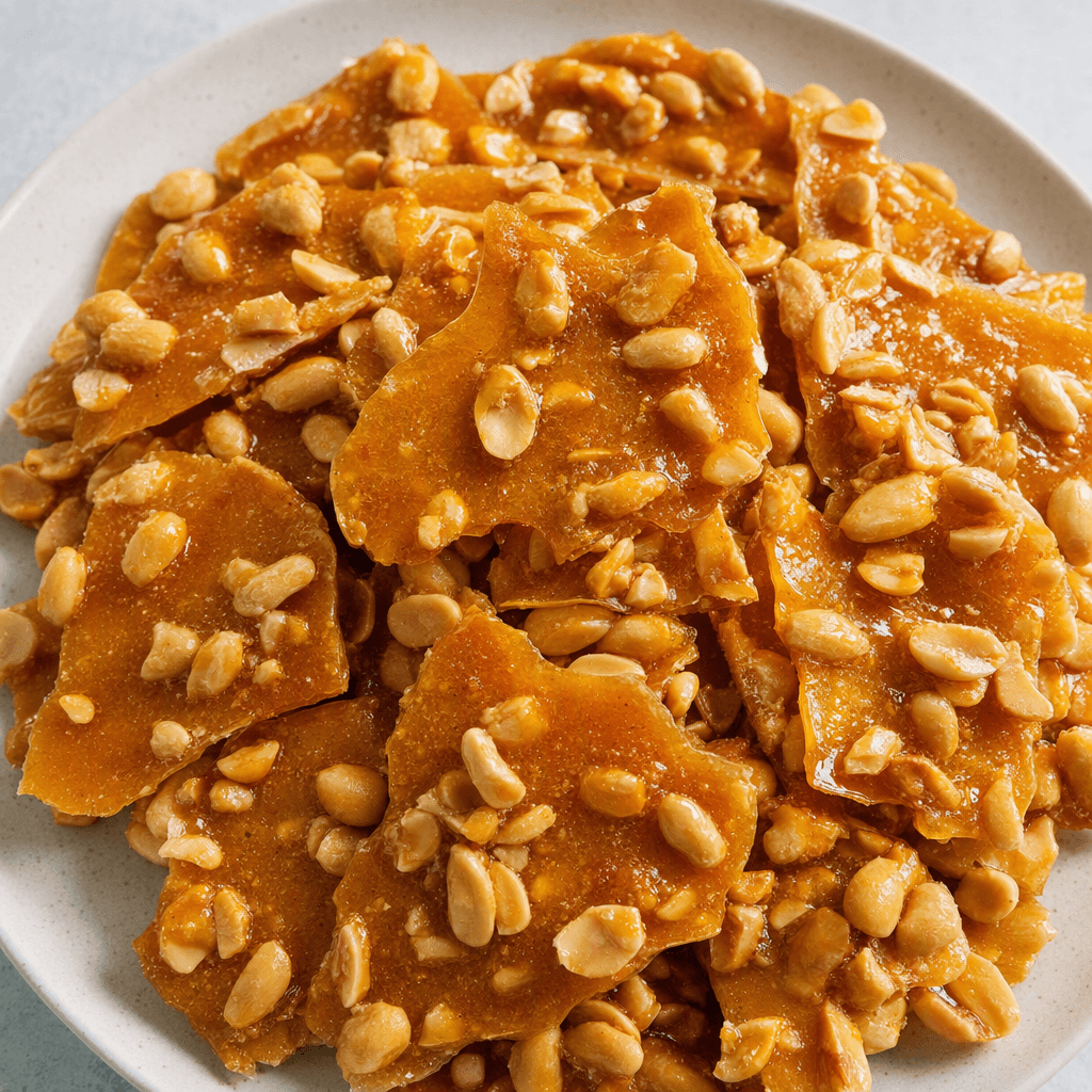 Irregular, thin shards of glossy golden-amber brittle, studded with whole and broken pale-brown peanuts and scattered across a plate.