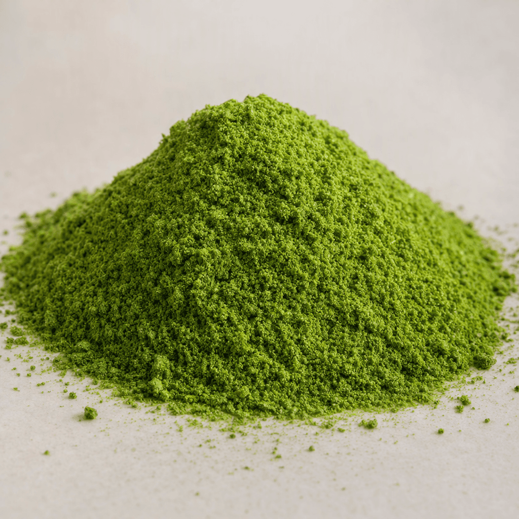 A small mound of fine, bright green vegetable powder with a dry, softly granular texture sits on a plain surface.