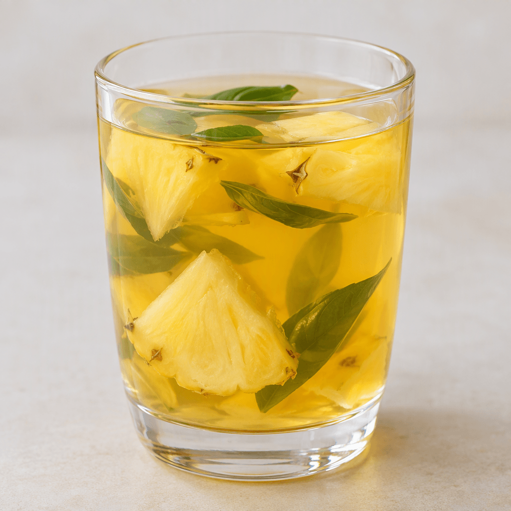 A clear glass of pale golden-yellow tea with translucent pineapple pieces and a few green leaves visible in the liquid.