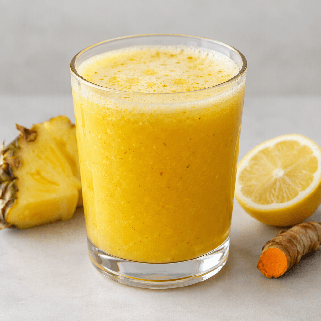 A golden-yellow pineapple and lemon drink with a slight turmeric tint, served in a clear glass, its surface lightly frothy and dotted with tiny pulp flecks.