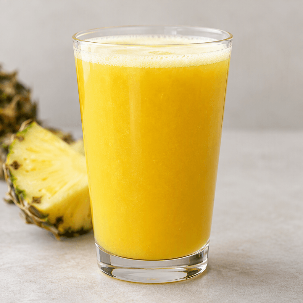A glass of opaque golden-yellow pineapple juice with a smooth, slightly pulpy texture and a thin layer of pale foam at the surface.