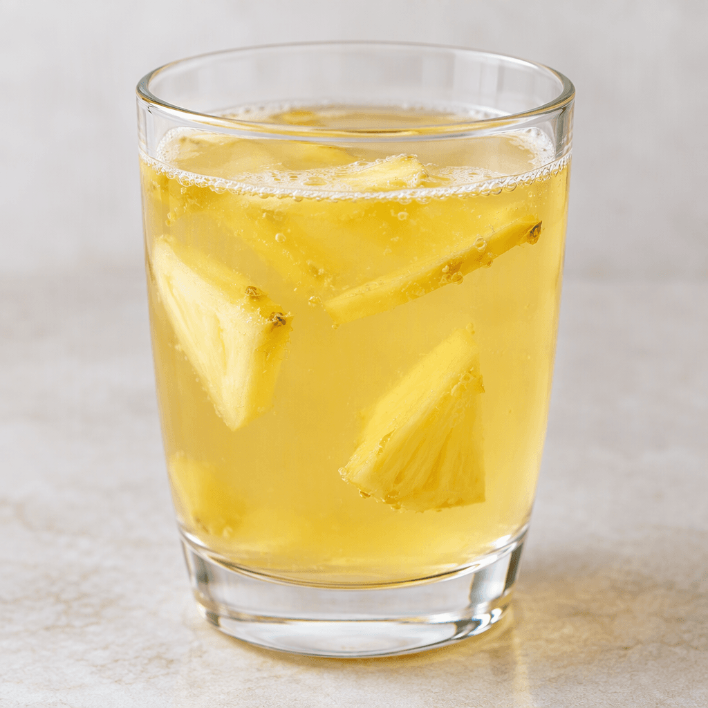 A clear glass filled with pale golden, translucent pineapple vinegar water, with a few small pineapple pieces or thin slices visible in the liquid and a light layer of bubbles at the surface.