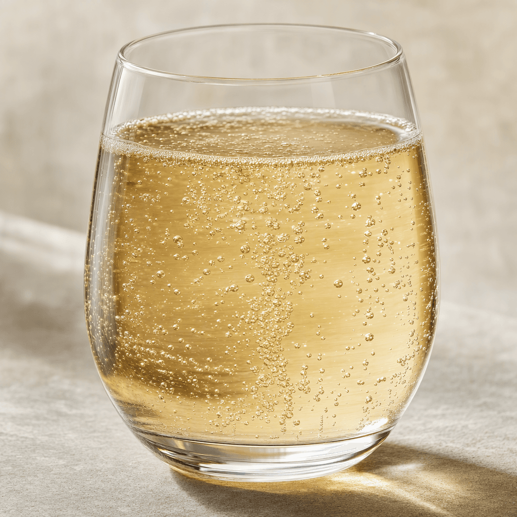 Pale golden, transparent mineral water with fine bubbles rising through it, served in a clear glass.