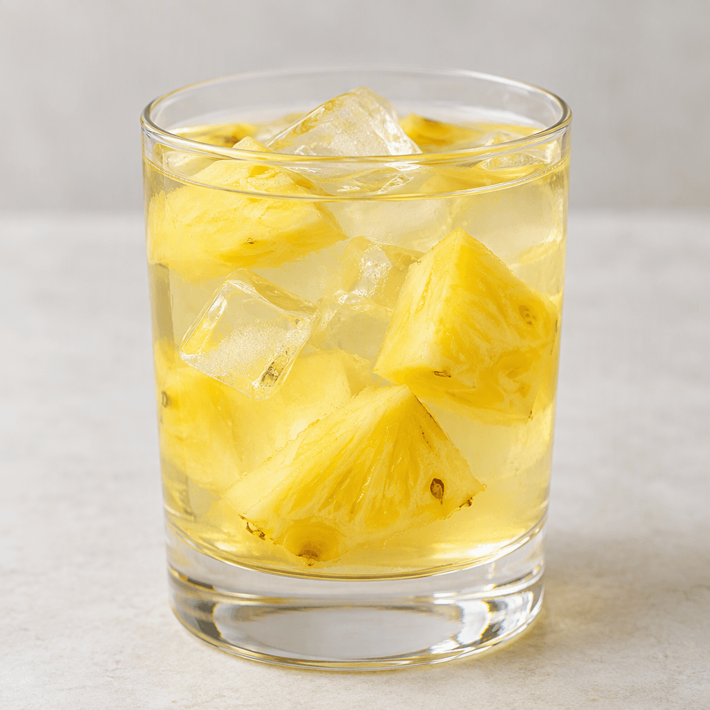 Şeffaf bir bardakta, içindeki altın sarısı ananas parçaları ve birkaç buz küpü görünen açık sarı renkli su.