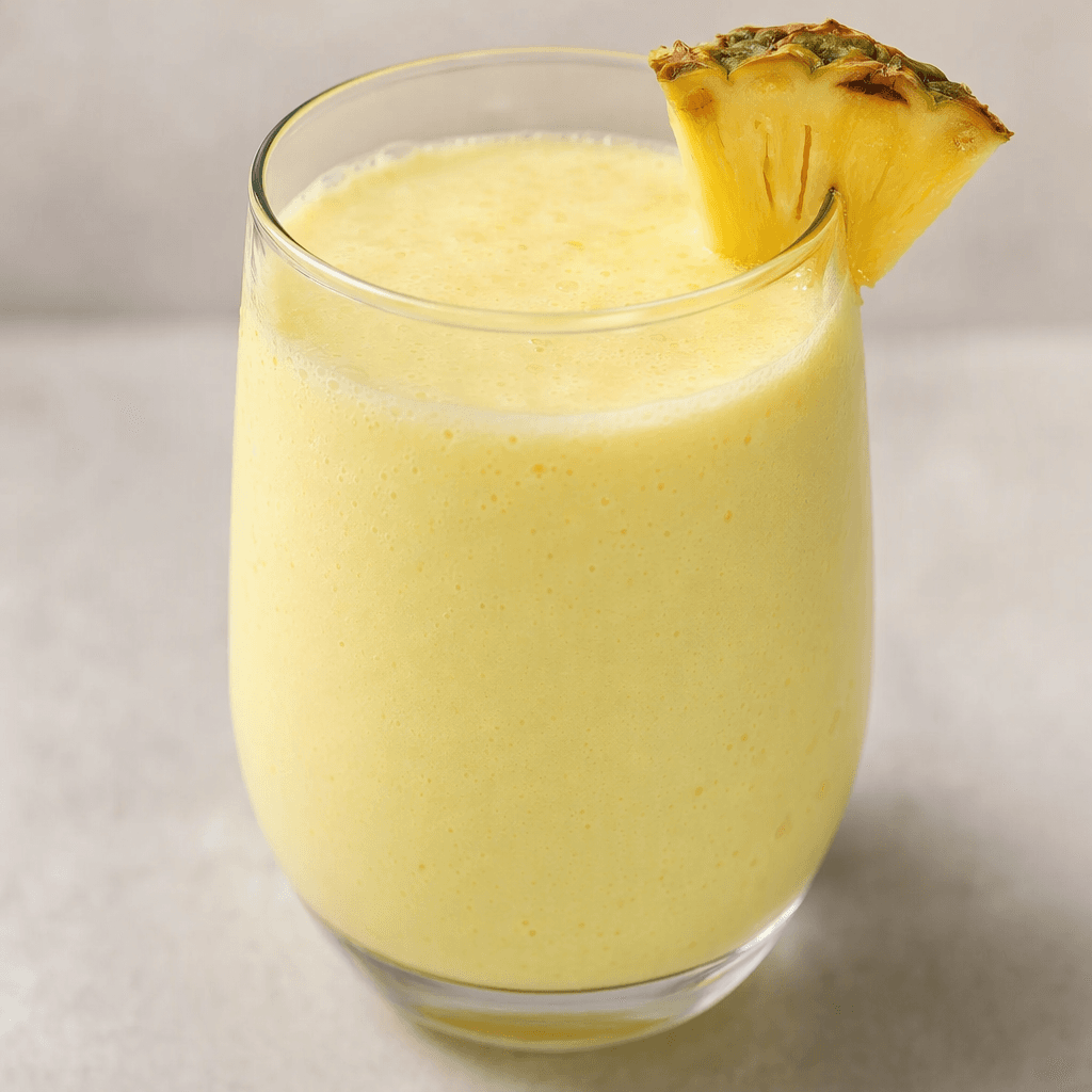A smooth, opaque, pale yellow dairy drink with a lightly frothy surface, served in a clear glass.