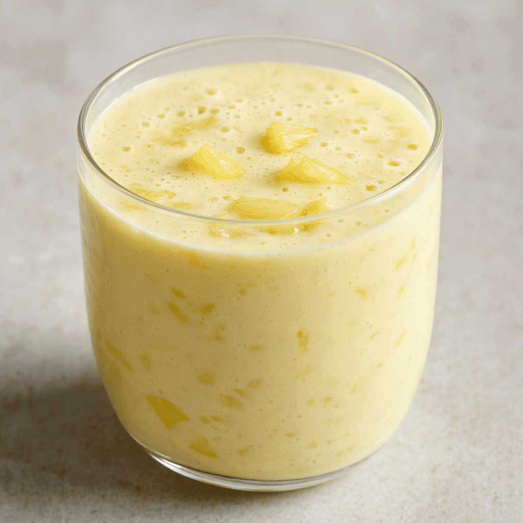 A pale yellow, creamy, pourable kefir with small golden pineapple pieces and occasional tiny bubbles, served in a clear glass.