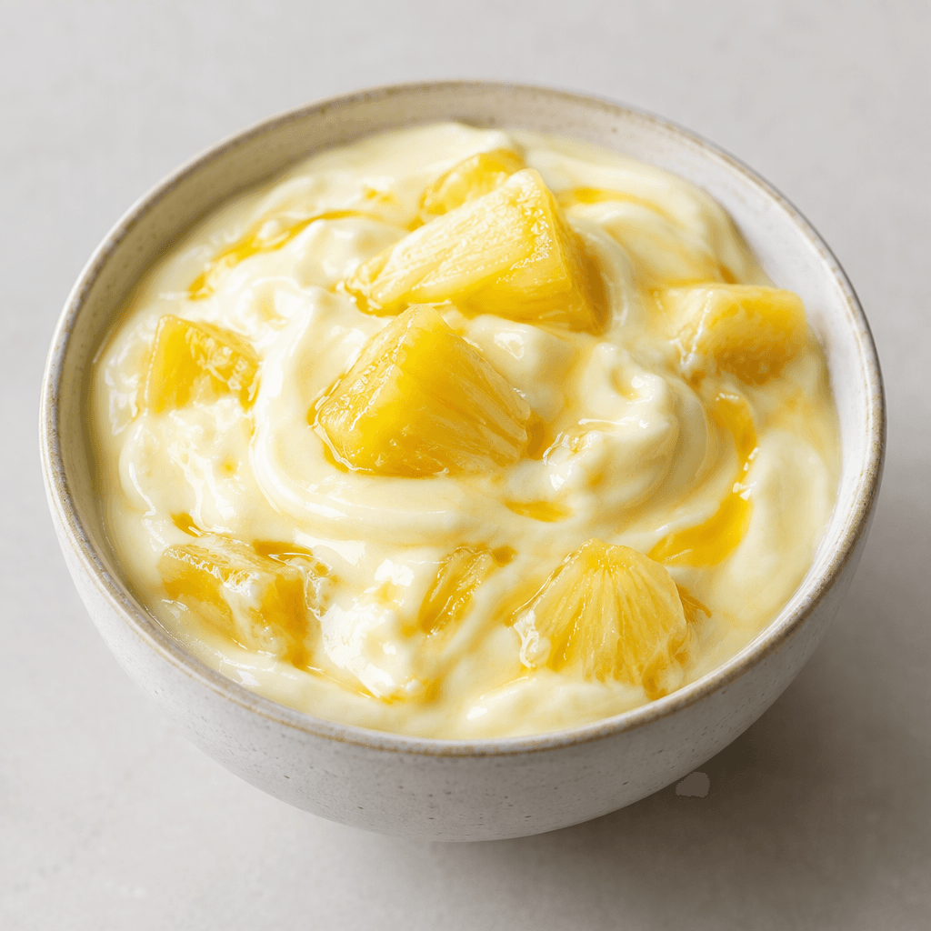 Thick, glossy pale-yellow yogurt sits in a small bowl, with visible golden pineapple pieces and a few translucent juice streaks across the creamy surface.