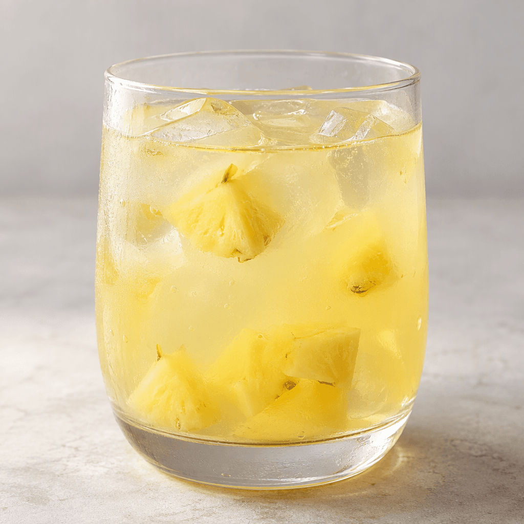 A pale yellow, slightly cloudy drink fills a clear glass, with small pieces of pineapple visible in the liquid.