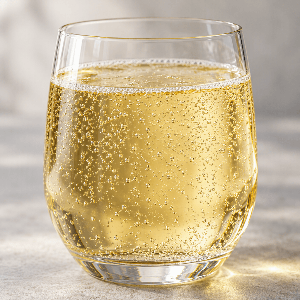 A clear, pale golden-yellow fizzy drink with fine bubbles, served in a transparent glass.