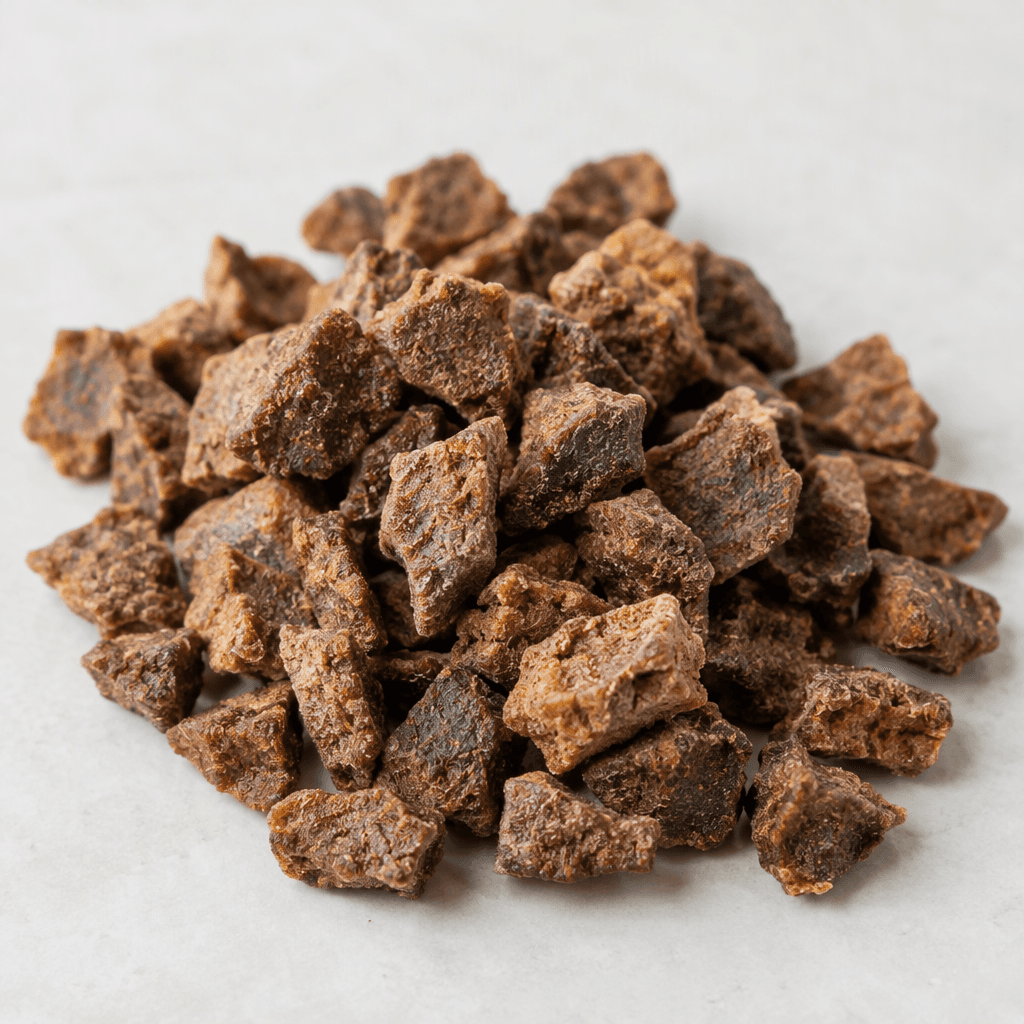 Small, irregular brown pieces with a dry, slightly rough surface are scattered in a shallow pile.