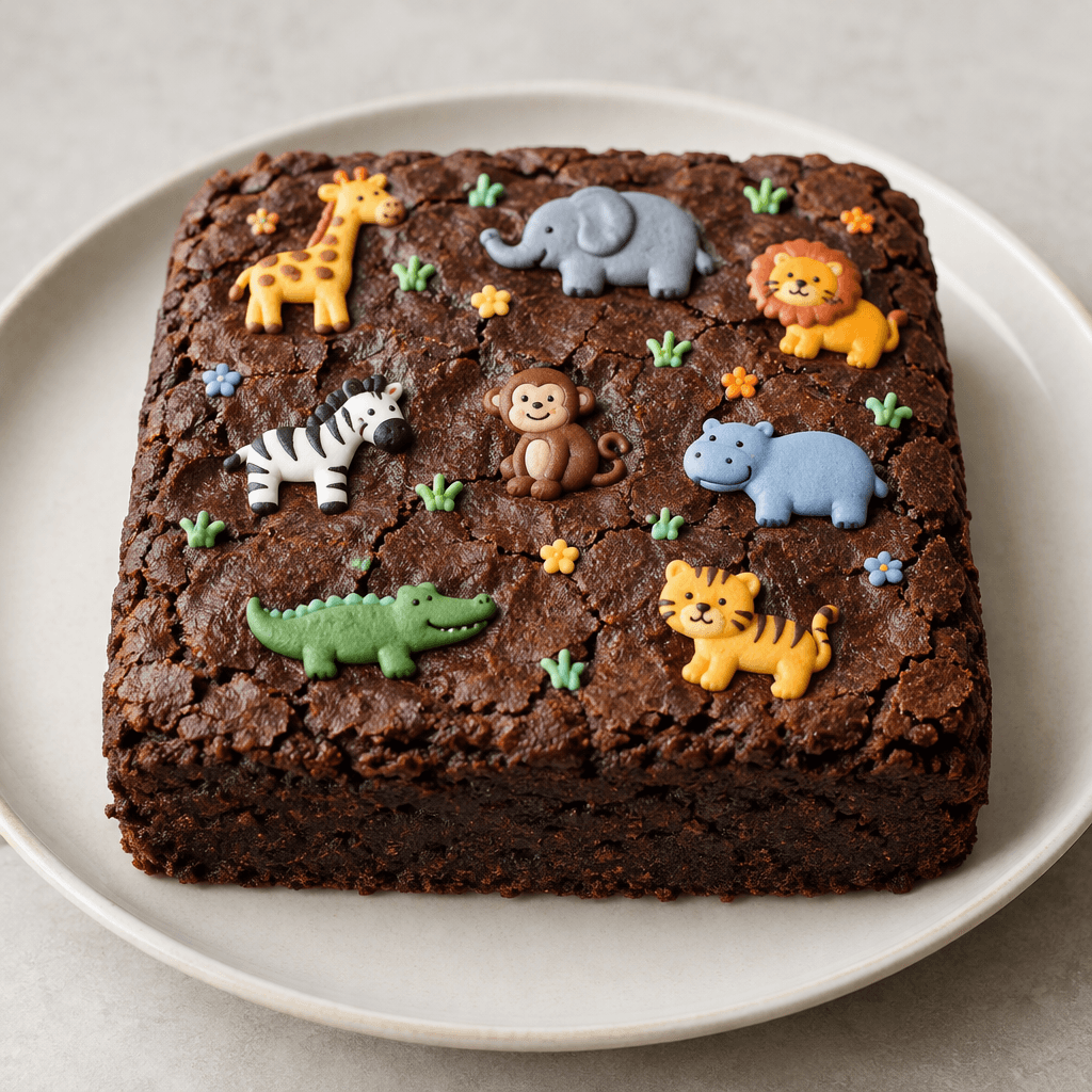 A square, dark chocolate-brown brownie cake with a dense, slightly cracked top, decorated with small colorful animal-shaped icing figures and served on a plate.