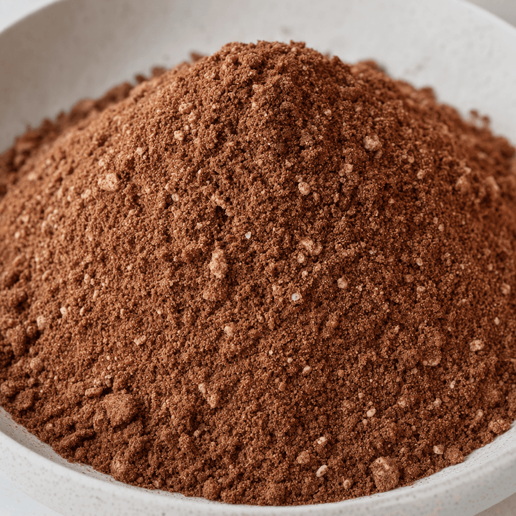 Hafif taneli dokulu, koyu kakao kahverengisi brownie karışımı küçük bir yığın hâlinde, aralarında birkaç açık renkli tanecikle görülüyor.