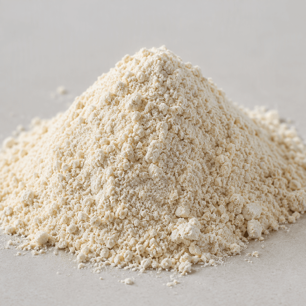 A mound of pale beige, finely powdered pancake mix with a slightly grainy texture.