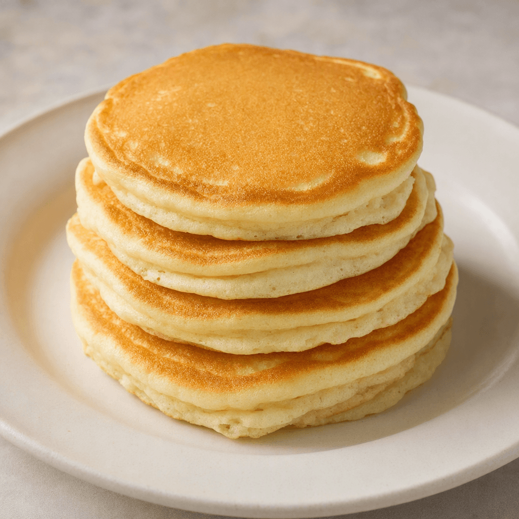 A few small, round vanilla pancakes with softly browned golden surfaces and pale, fluffy-looking edges are stacked on a plain plate.