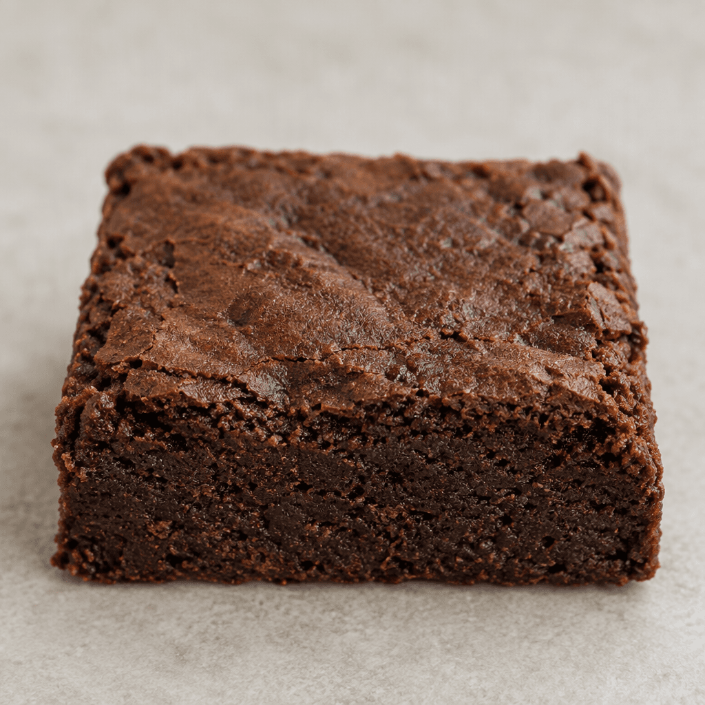 A compact, dark-brown rectangular brownie with a slightly uneven matte top and a dense, fine-textured interior.